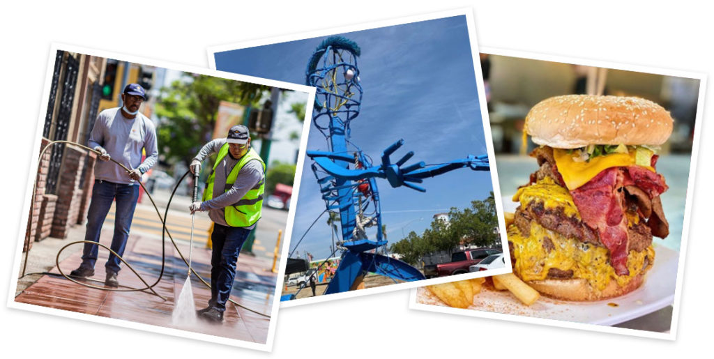Photo collage of CHBA clean and safe crew power washing University Ave sidewalk, art installation on University Ave, and burger and fries from a City Heights restaurant