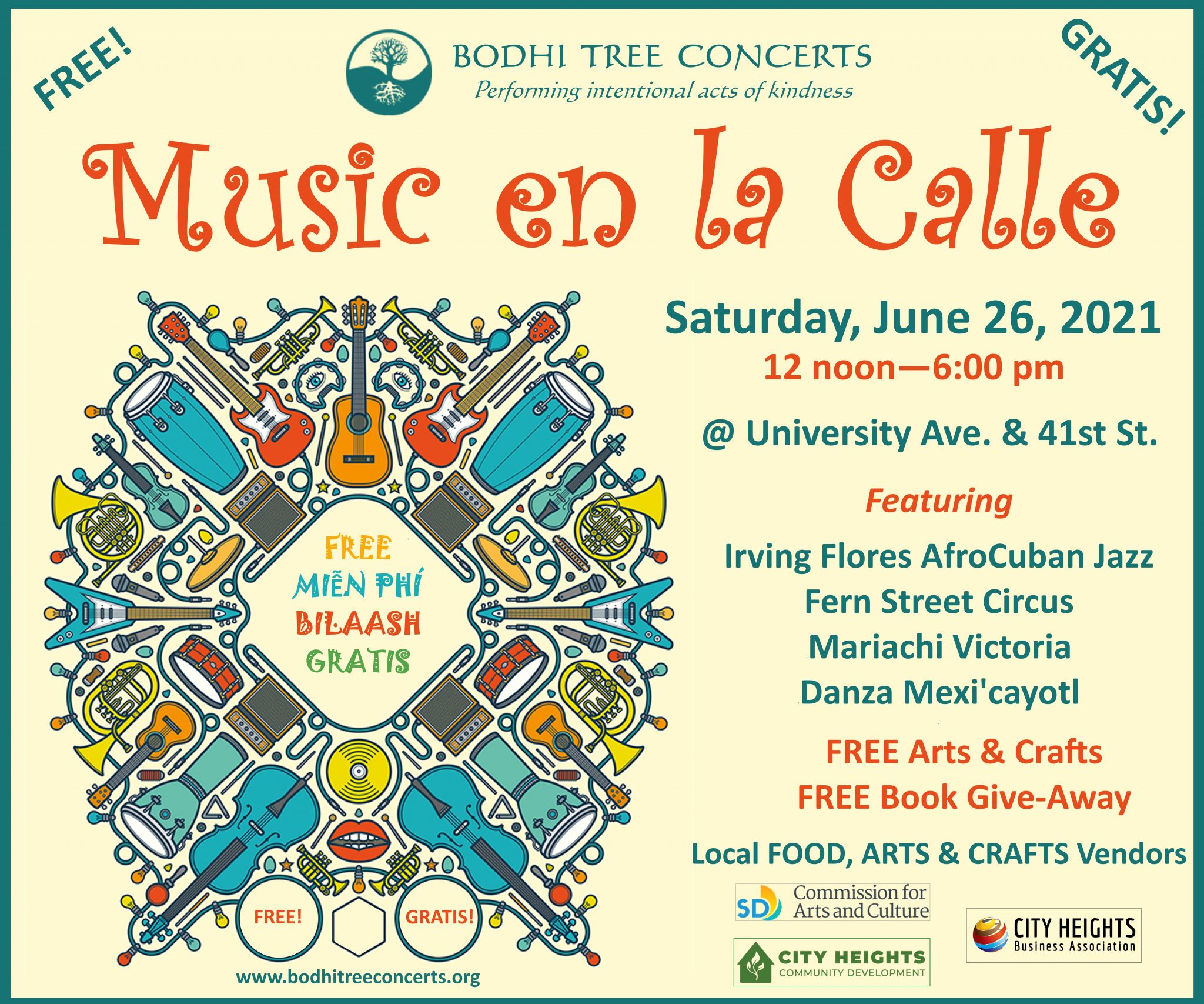 Artistic flyer promoting the Music En La Calle event