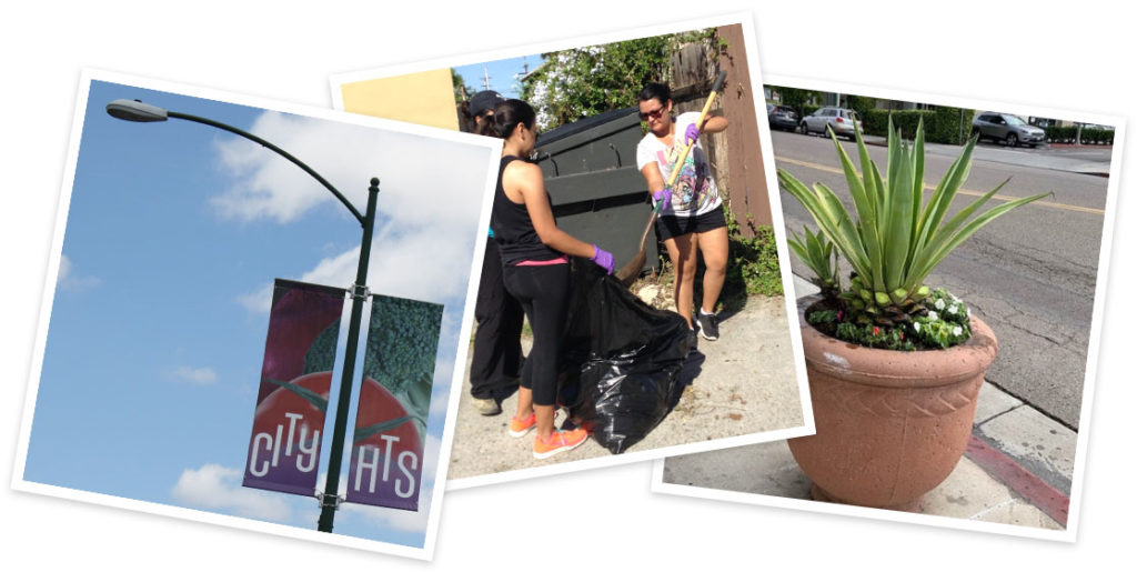 Photo collage of City Heights streetlight banners, community alley cleanup, and city beautification work (potted plant on sidewalk)