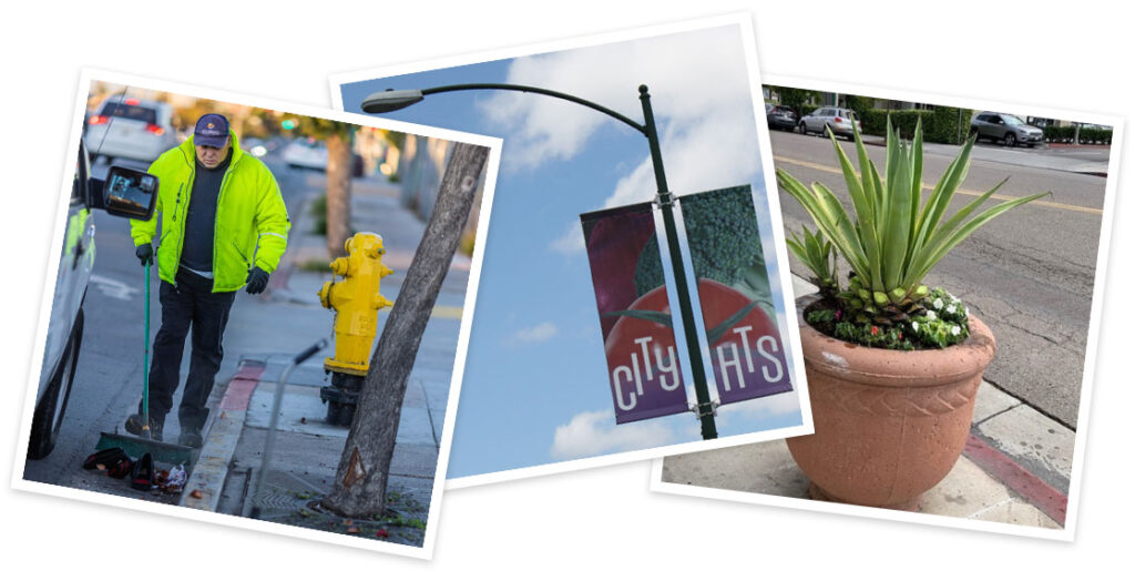 Photo collage of a maintenance person sweeping a gutter, a City Heights streetlight banner, and a potted succulent on a city sidewalk